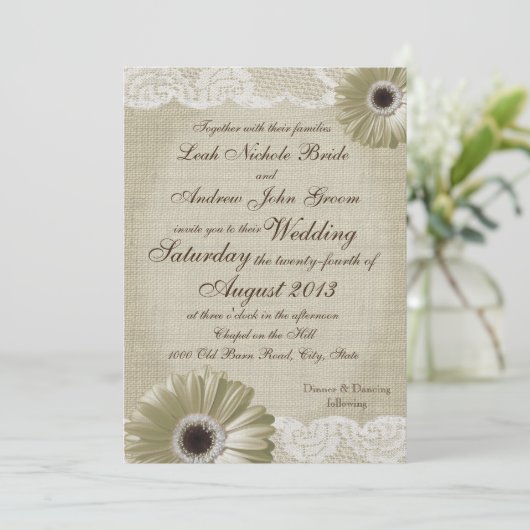 Antiek witte daisy en kant bruiloft kaart (Staand voorkant)