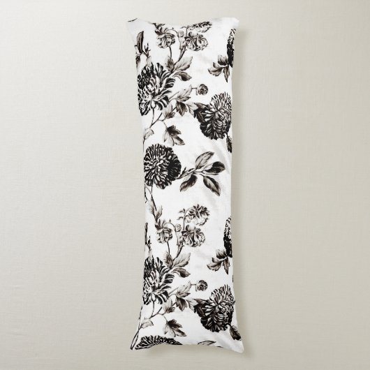 Antiek-witte en zwarte botanische Floral Toile Lichaamskussen (Voorkant Verticaal)