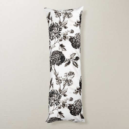 Antiek-witte en zwarte botanische Floral Toile Lichaamskussen (Achterkant (Verticaal))