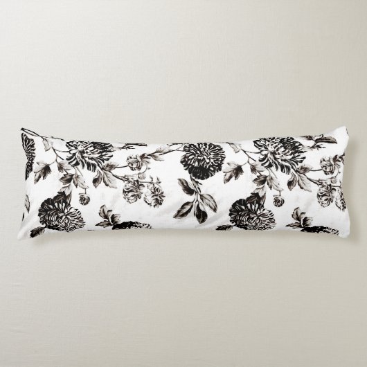 Antiek-witte en zwarte botanische Floral Toile Lichaamskussen (Voorkant)