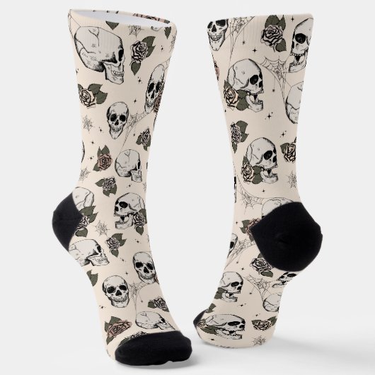 Antiek Witte Gotische Schedels en Rozen Bloemen Sokken (Gebogen)