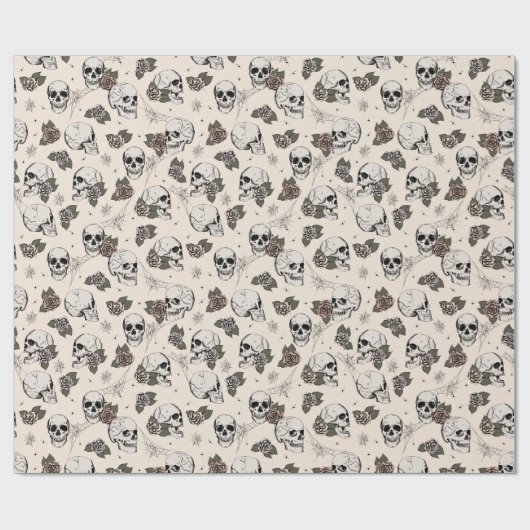 Antiek witte gotische schedels en Rozen Halloween Cadeaupapier (Vlak)
