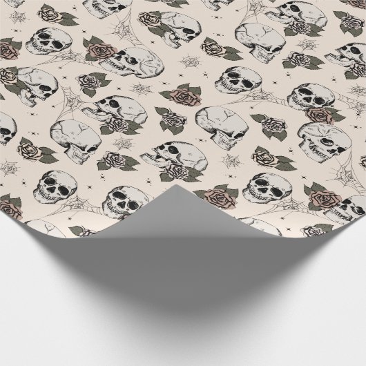 Antiek witte gotische schedels en Rozen Halloween Cadeaupapier (Hoek)