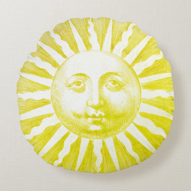 Antiek  Yellow Sun Face Rond Kussen (Voorkant)