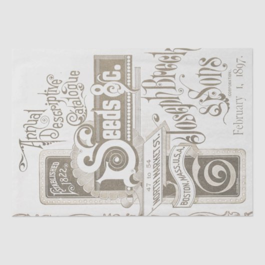 Antiek zadencatalogus Typografie Decoupage Taupe Tissuepapier (Voorkant)