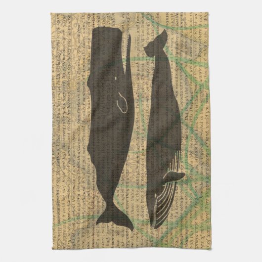 Antiek Zee op walvis Theedoek (Verticaal)