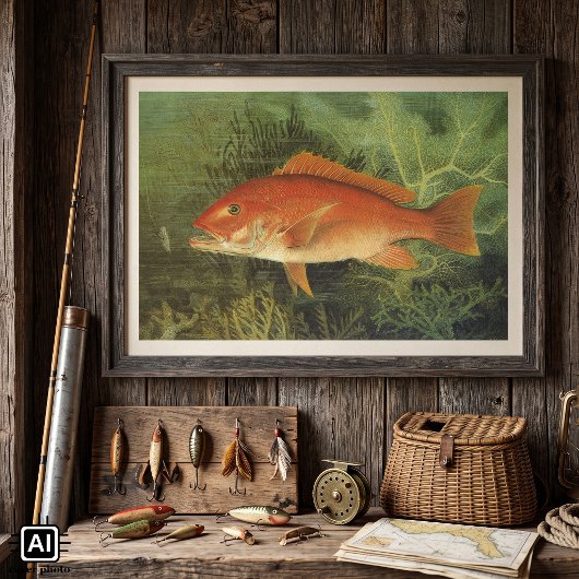 Antiek zeeleven, rode snapper vis in de oceaan poster