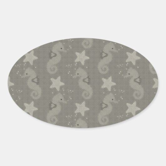 Antiek zeepaardpatroon en staartvis ovale sticker (Voorkant)