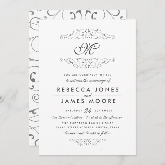 Antiek zilver bloeien monogram bruiloft uitnodigen kaart (Voorkant / Achterkant)