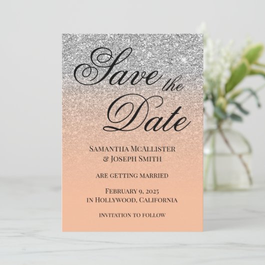 Antiek zilveren glitter perzikgradiënt save the date (Staand voorkant)
