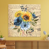 Antiek  zonnebloemen Blauw Floral Dictionary Canvas Afdruk (Insitu (Woonkamer))
