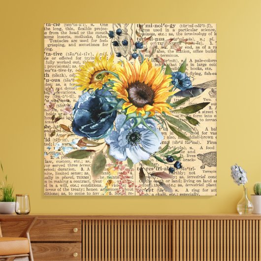 Antiek zonnebloemen Blauw Floral Dictionary Canvas Afdruk (Insitu (Woonkamer))