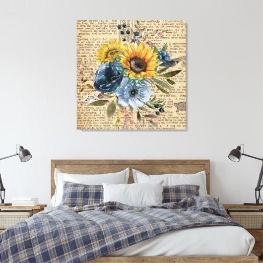 Antiek zonnebloemen Blauw Floral Dictionary Canvas Afdruk (Insitu (Slaapkamer))