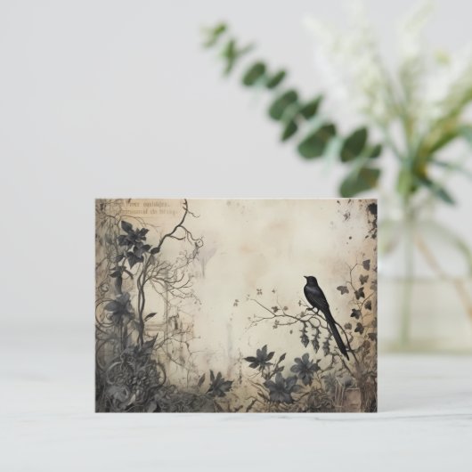 Antiek zwart bloempje griezelig zwart vogelhallowe feestdagenkaart (Staand voorkant)