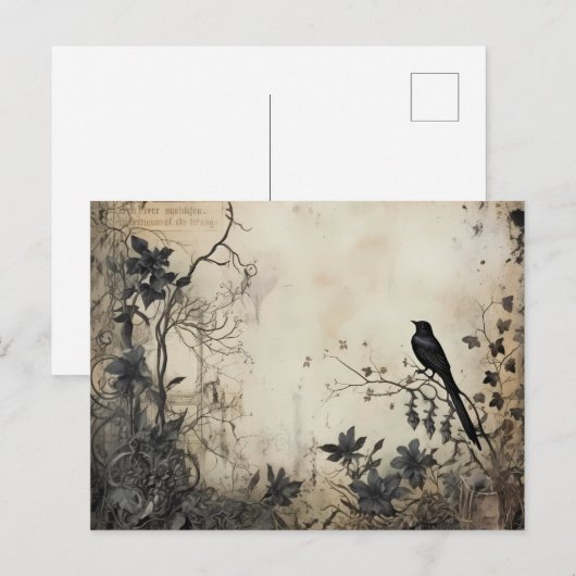Antiek zwart bloempje griezelig zwart vogelhallowe feestdagenkaart (Voorkant / Achterkant)