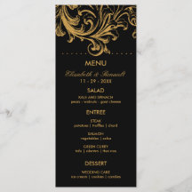 Antiek Zwart en Goud Bloemen Bruiloft Menu Kaart