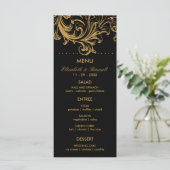 Antiek Zwart en Goud Bloemen Bruiloft Menu Kaart (Staand voorkant)