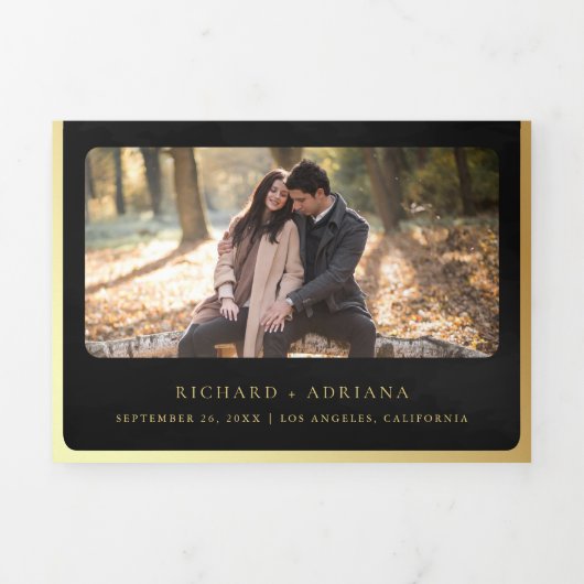 Antiek Zwart Goud Scroll Middeleeuwse Bruiloft Drieluik Uitnodiging (Cover)