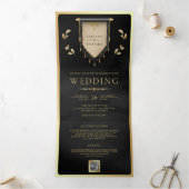 Antiek Zwart Goud Scroll Middeleeuwse Bruiloft Drieluik Uitnodiging (Binnen)