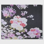 Antiek Zwart Japans Kimono Bloemen Decoupage Cadeaupapier (Vlak)