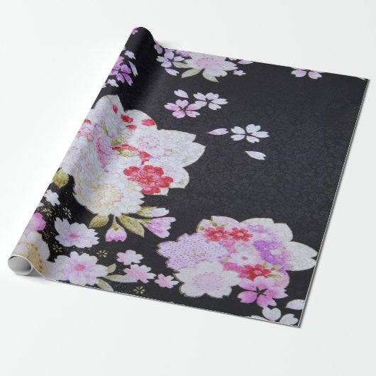 Antiek Zwart Japans Kimono Bloemen Decoupage Cadeaupapier (Uitgerold)