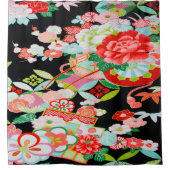 Antiek Zwart Rood Japans Kimono Bloembloem Douchegordijn (Voorkant)