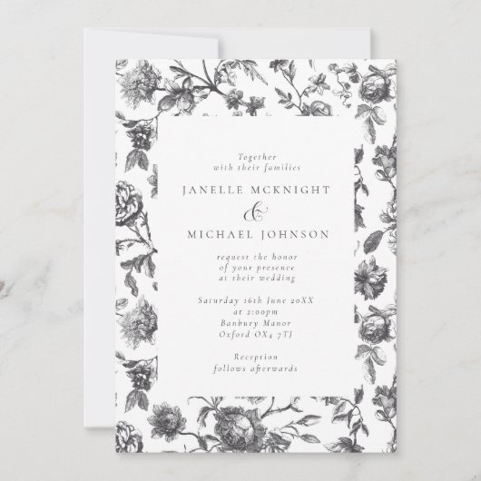 Antiek Zwart & Wit Bloemen Toile Bruiloft Kaart (Voorkant)