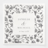 Antiek Zwart & Wit Bloemen Toile Bruiloft Servet (Voorkant)