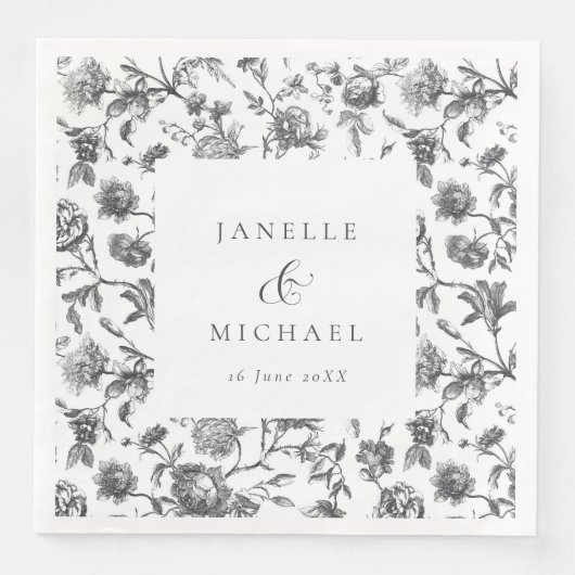 Antiek Zwart & Wit Bloemen Toile Bruiloft Servet (Voorkant)