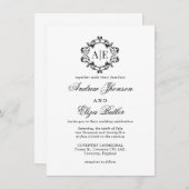 Antiek Zwart & Wit Crest Monogram Bruiloft Kaart (Voorkant / Achterkant)