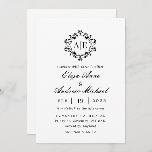 Antiek Zwart & Wit Crest Monogram Bruiloft Kaart (Voorkant / Achterkant)