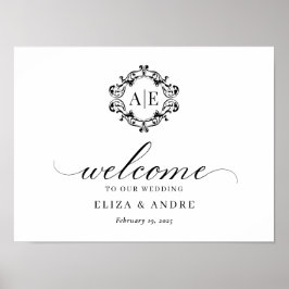 Antiek Zwart & Wit Crest Monogram Bruiloft Poster