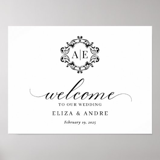 Antiek Zwart & Wit Crest Monogram Bruiloft Poster (Voorkant)