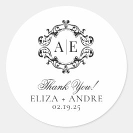 Antiek Zwart & Wit Crest Monogram Bruiloft Ronde Sticker