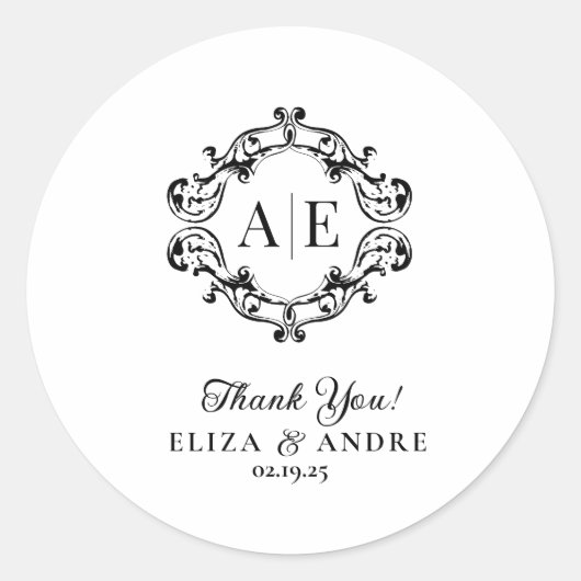 Antiek Zwart & Wit Crest Monogram Bruiloft Ronde Sticker (Voorkant)