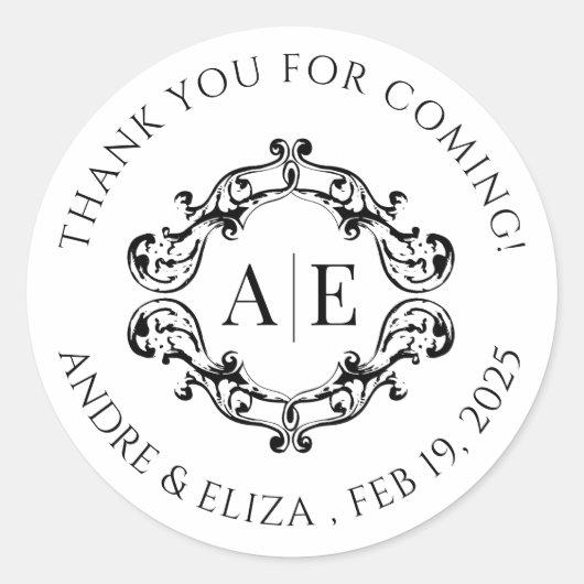 Antiek Zwart & Wit Crest Monogram Bruiloft Ronde Sticker (Voorkant)