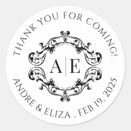 Antiek Zwart & Wit Crest Monogram Bruiloft Ronde Sticker