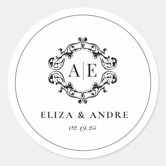 Antiek Zwart & Wit Crest Monogram Bruiloft Ronde Sticker (Voorkant)
