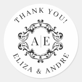 Antiek Zwart & Wit Crest Monogram Bruiloft Ronde Sticker