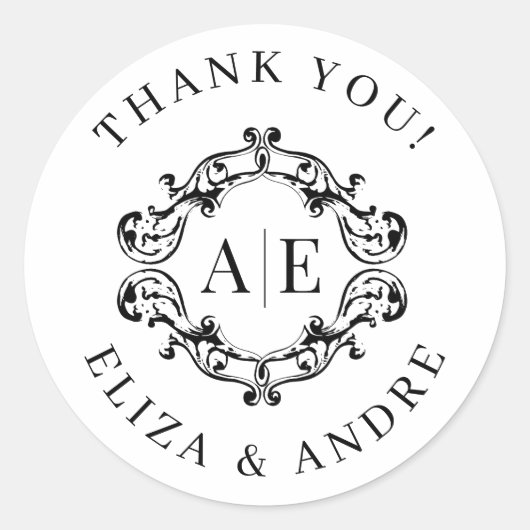 Antiek Zwart & Wit Crest Monogram Bruiloft Ronde Sticker (Voorkant)