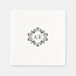 Antiek Zwart & Wit Crest Monogram Bruiloft Servet