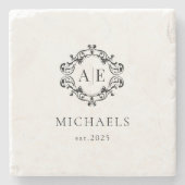 Antiek Zwart & Wit Crest Monogram Bruiloft Stenen Onderzetter (Voorkant)