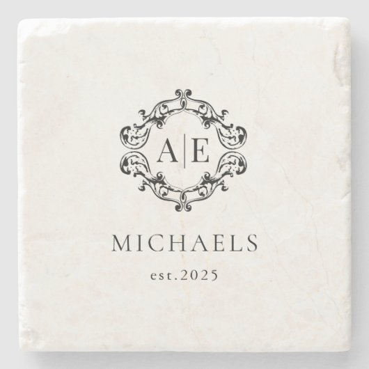 Antiek Zwart & Wit Crest Monogram Bruiloft Stenen Onderzetter (Voorkant)