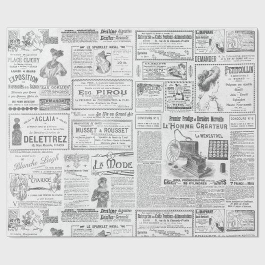 Antiek Zwart Wit Franse advertenties Ephemera Cadeaupapier (Vlak)