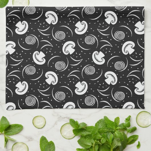 Antiek zwart-wit paddestoelpatroon met groenten theedoek (Gevouwen)