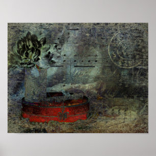  Antiek zwarte rode, oude papiervel muziek Poster