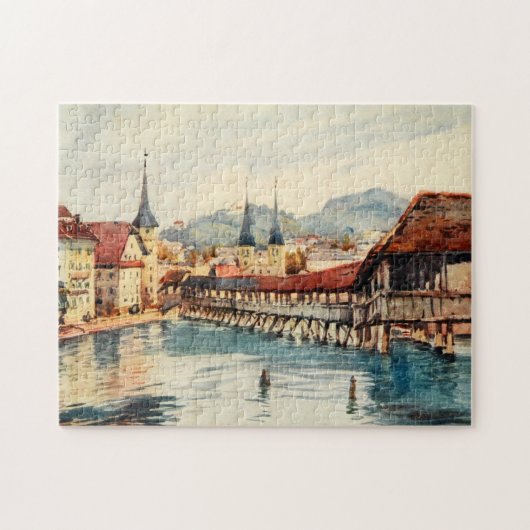 Antiek Zwitserland Lucerne Chapel Bridge Legpuzzel (Horizontaal)