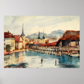  Antiek Zwitserland Lucerne Chapel Bridge Poster (Voorkant)