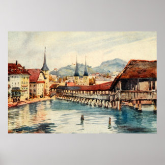 Antiek Zwitserland Lucerne Chapel Bridge Poster
