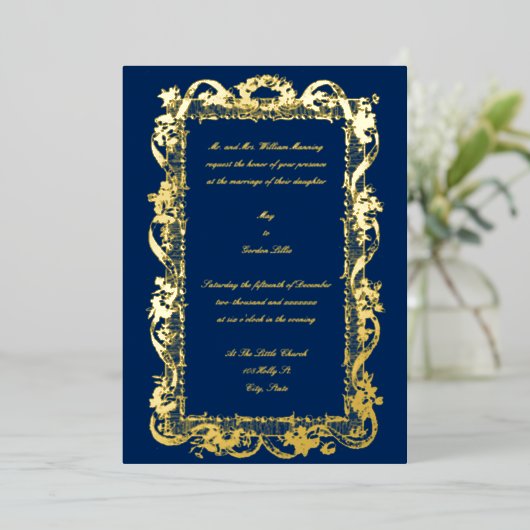 Antieke 1778 Barok Rococo Bloemenslingers Bruiloft Folie Uitnodiging (Staand Voorkant)